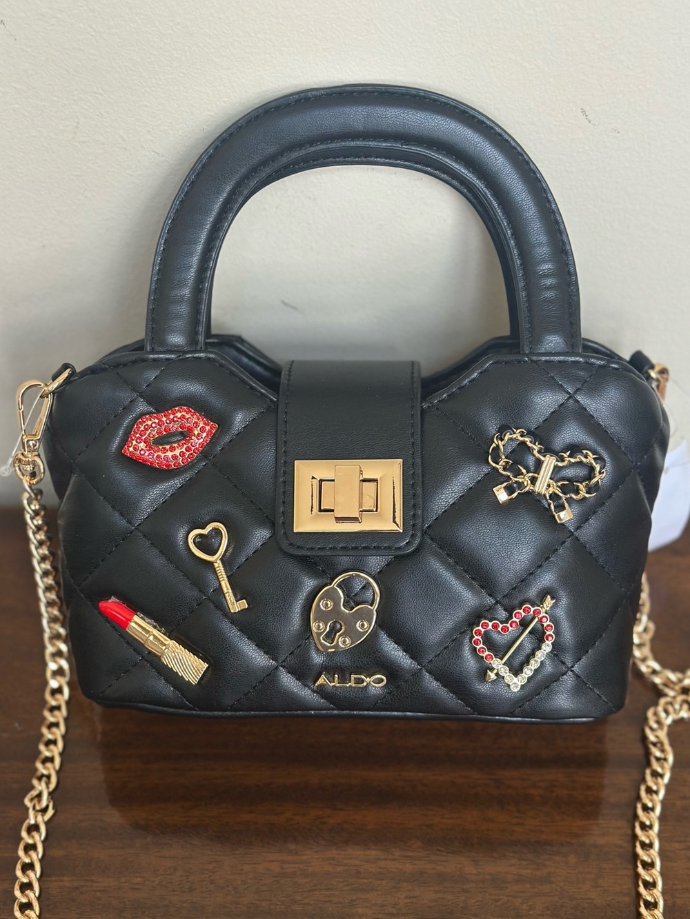 NWT - Aldo Black Quilted Crossbody with Gold Chain and Decorative Pins
